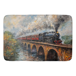 Steam Train on a Bridge - Oil Painting Bath Mat