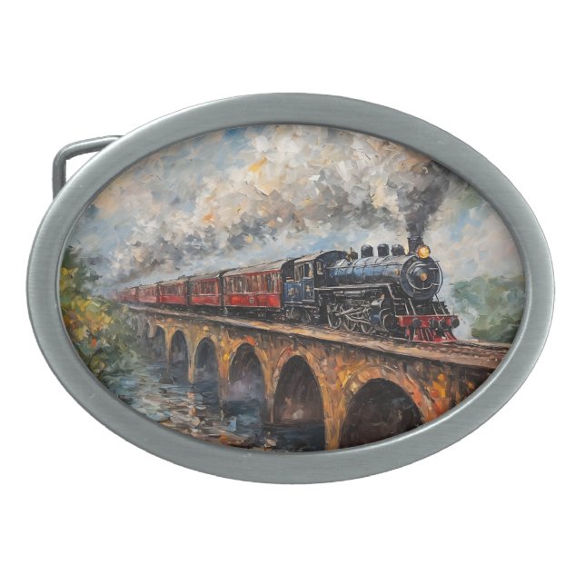 Steam Train on a Bridge - Oil Painting Belt Buckle (Front)