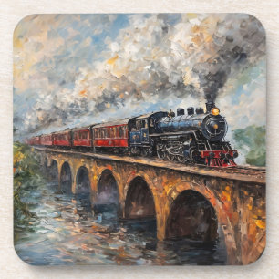 Steam Train on a Bridge - Oil Painting Beverage Coaster