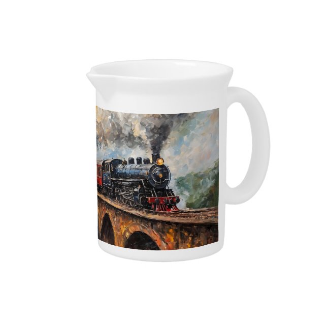 Steam Train on a Bridge - Oil Painting Beverage Pitcher (Right)