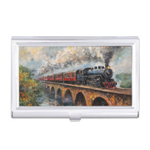 Steam Train on a Bridge - Oil Painting Business Card Case