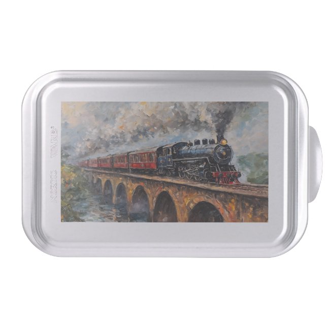 Steam Train on a Bridge - Oil Painting Cake Pan (Front)