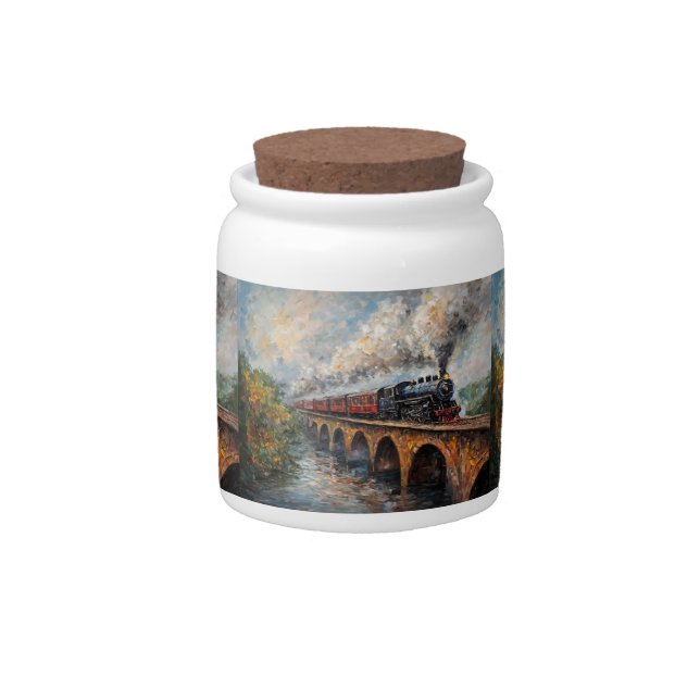 Steam Train on a Bridge - Oil Painting Candy Jar (Front)