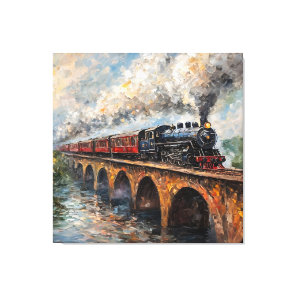 Steam Train on a Bridge - Oil Painting Canvas Print