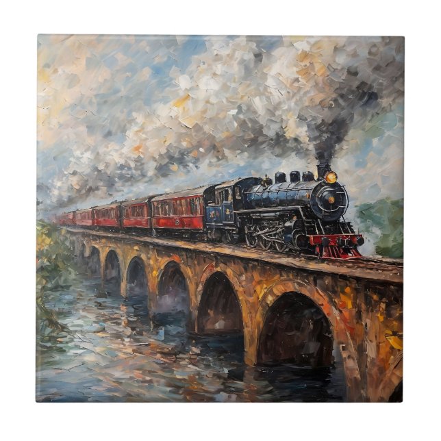 Steam Train on a Bridge - Oil Painting Ceramic Tile (Front)