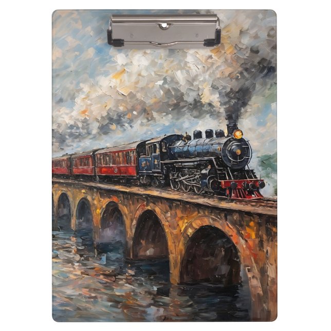 Steam Train on a Bridge - Oil Painting Clipboard (Front)