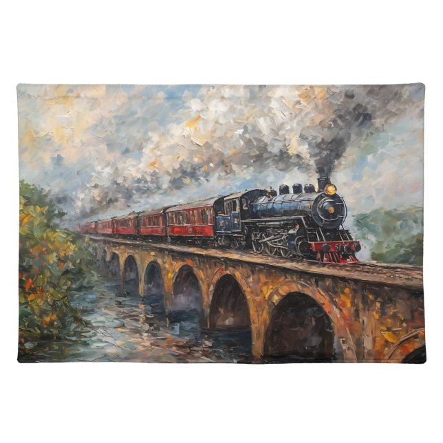 Steam Train on a Bridge - Oil Painting Cloth Placemat (Front)