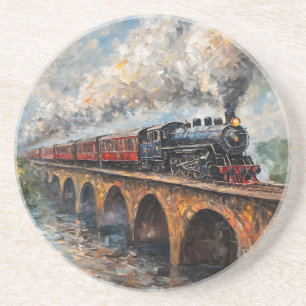 Steam Train on a Bridge - Oil Painting Coaster