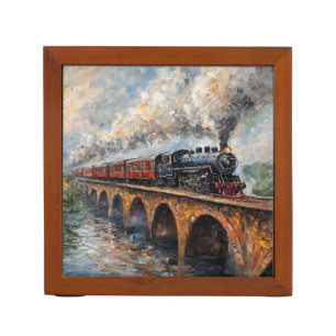 Steam Train on a Bridge - Oil Painting Desk Organizer