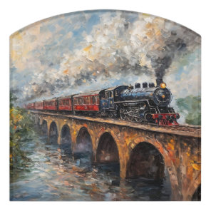 Steam Train on a Bridge - Oil Painting Door Sign