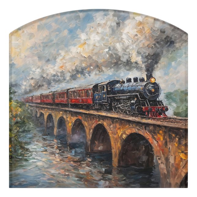 Steam Train on a Bridge - Oil Painting Door Sign (Contour Front)