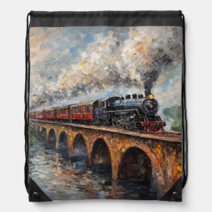 Steam Train on a Bridge - Oil Painting Drawstring Bag