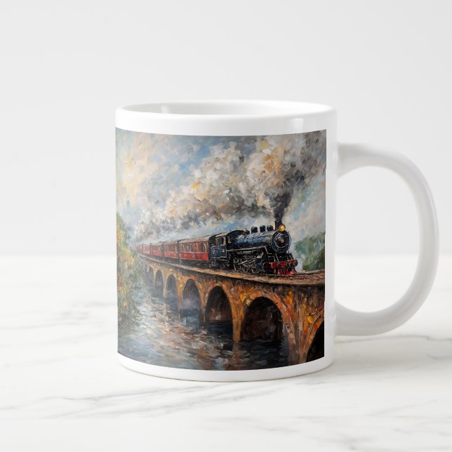 Steam Train on a Bridge - Oil Painting Giant Coffee Mug (Right)