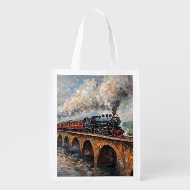 Steam Train on a Bridge - Oil Painting Grocery Bag (Front)