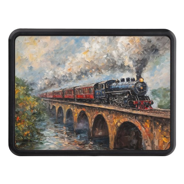 Steam Train on a Bridge - Oil Painting Hitch Cover (Front)