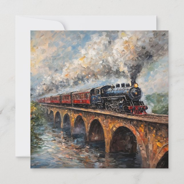 Steam Train on a Bridge - Oil Painting Invitation (Front)