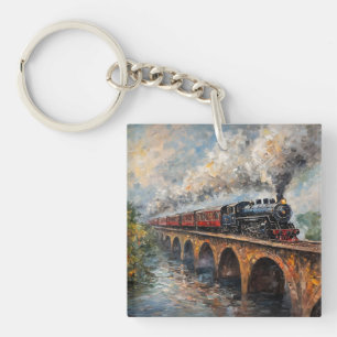 Steam Train on a Bridge - Oil Painting Keychain
