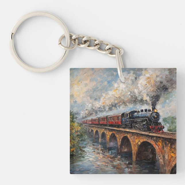 Steam Train on a Bridge - Oil Painting Keychain (Front)
