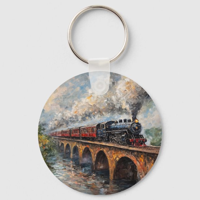 Steam Train on a Bridge - Oil Painting Keychain (Front)