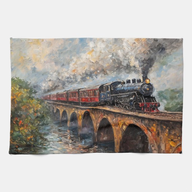 Steam Train on a Bridge - Oil Painting Kitchen Towel (Horizontal)