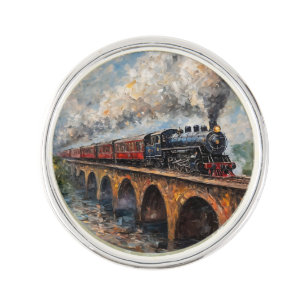 Steam Train on a Bridge - Oil Painting Lapel Pin
