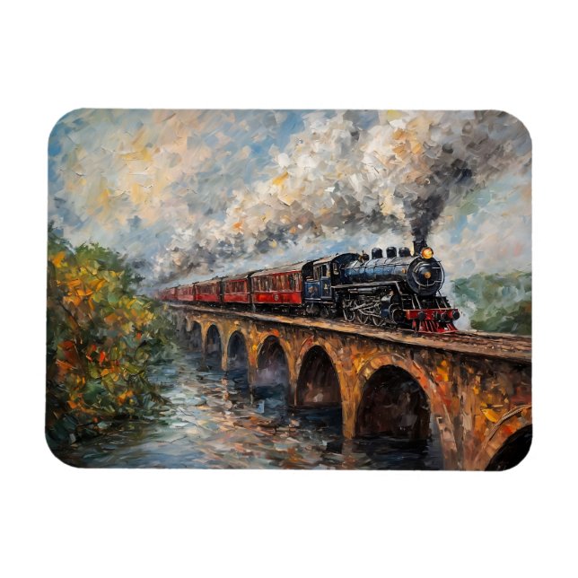 Steam Train on a Bridge - Oil Painting Magnet (Horizontal)