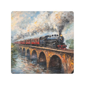 Steam Train on a Bridge - Oil Painting Metal Print