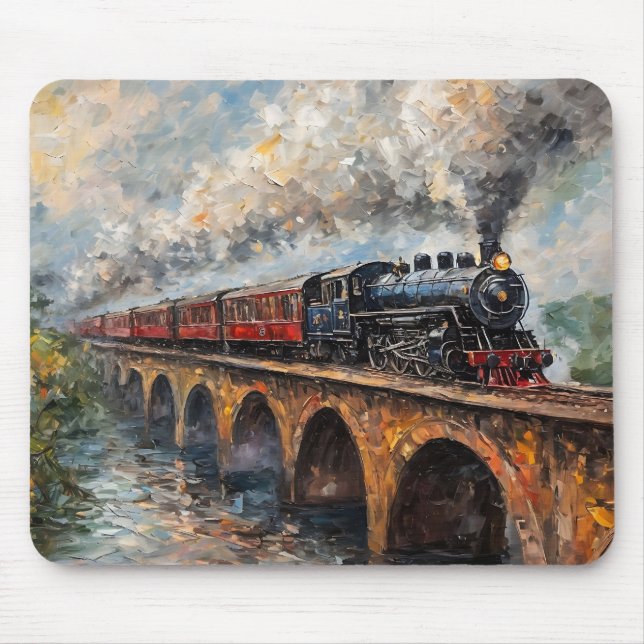 Steam Train on a Bridge - Oil Painting Mouse Pad (Front)