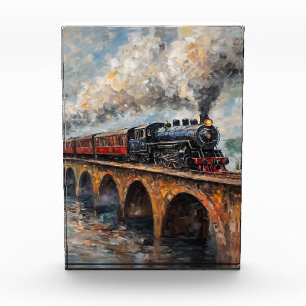 Steam Train on a Bridge - Oil Painting Photo Block