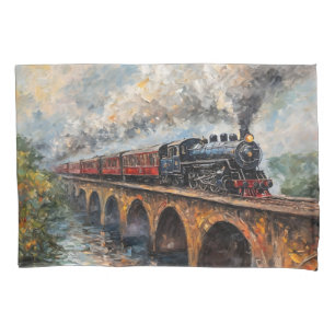 Steam Train on a Bridge - Oil Painting Pillow Case