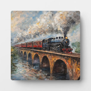 Steam Train on a Bridge - Oil Painting Plaque