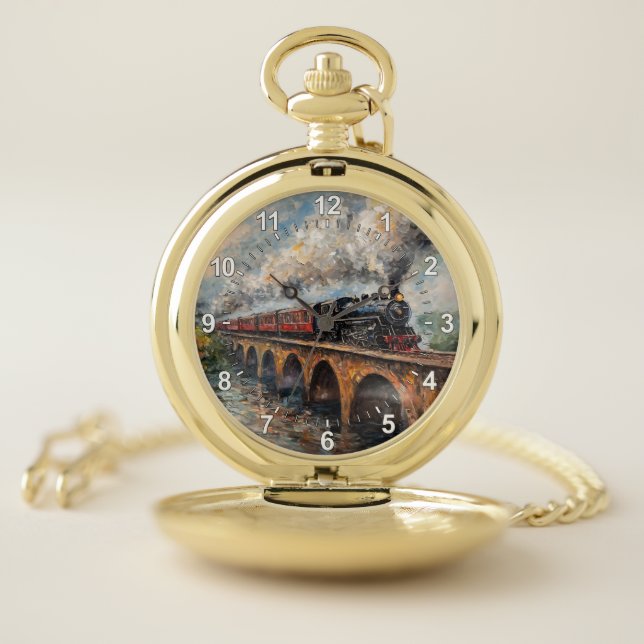 Steam Train on a Bridge - Oil Painting Pocket Watch (Inside)
