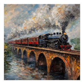 Steam Train on a Bridge - Oil Painting Poster
