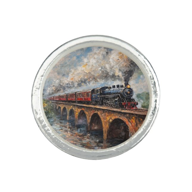 Steam Train on a Bridge - Oil Painting Ring (Front)