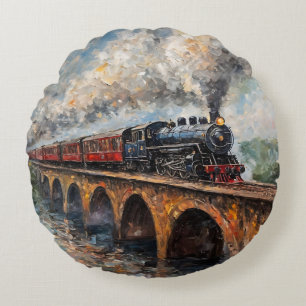 Steam Train on a Bridge - Oil Painting Round Pillow