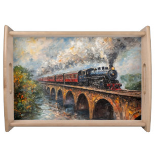 Steam Train on a Bridge - Oil Painting Serving Tray