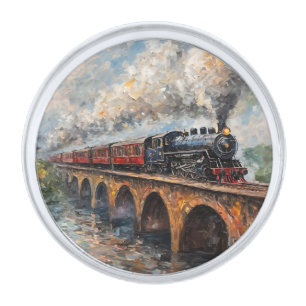 Steam Train on a Bridge - Oil Painting Silver Finish Lapel Pin