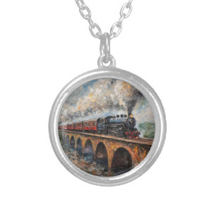 Steam Train on a Bridge - Oil Painting Silver Plated Necklace