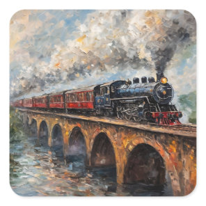 Steam Train on a Bridge - Oil Painting Square Sticker