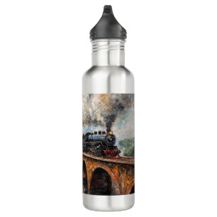 Steam Train on a Bridge - Oil Painting Stainless Steel Water Bottle