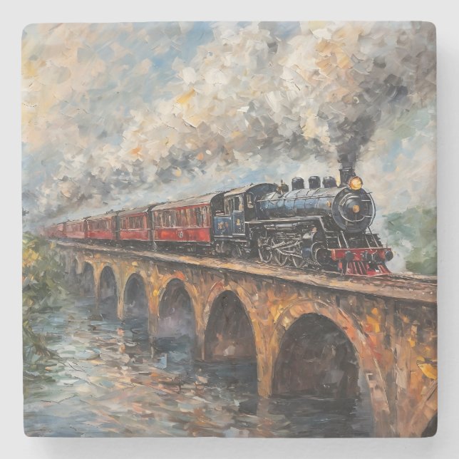 Steam Train on a Bridge - Oil Painting Stone Coaster (Front)