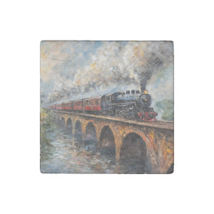 Steam Train on a Bridge - Oil Painting Stone Magnet