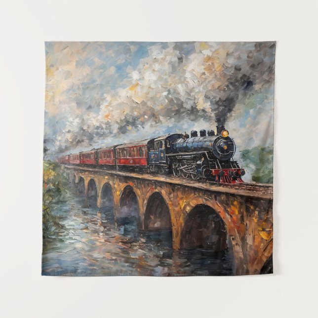 Steam Train on a Bridge - Oil Painting Tapestry (Front)
