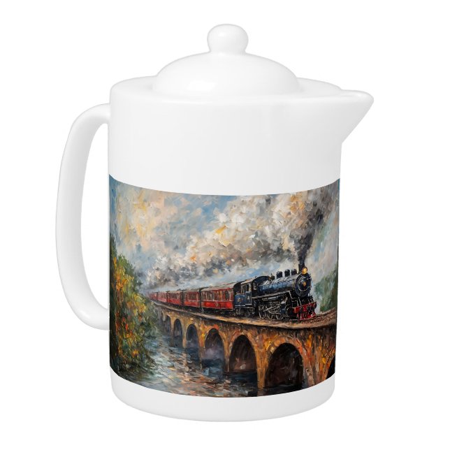 Steam Train on a Bridge - Oil Painting Teapot (Left)