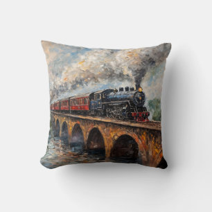 Steam Train on a Bridge - Oil Painting Throw Pillow