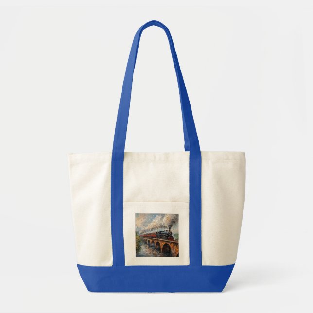 Steam Train on a Bridge - Oil Painting Tote Bag (Front)