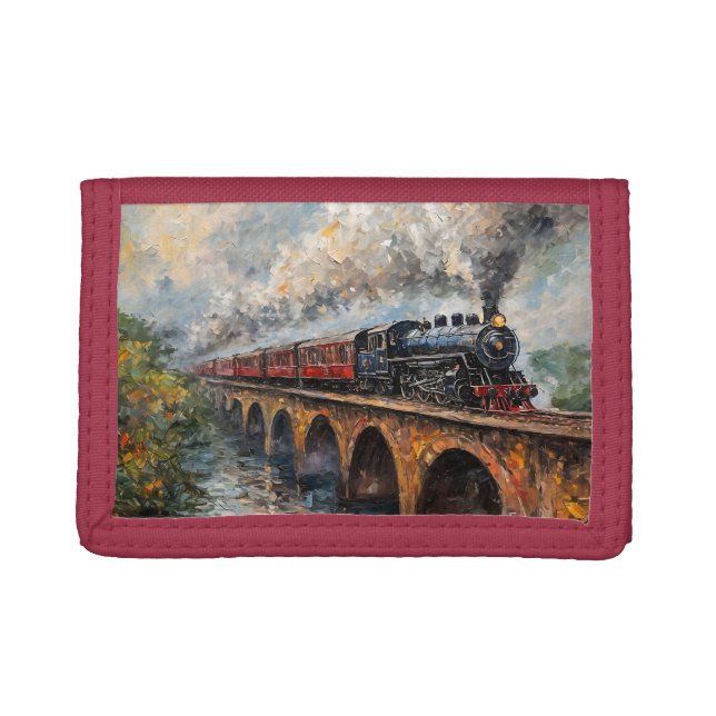 Steam Train on a Bridge - Oil Painting Trifold Wallet (Front)