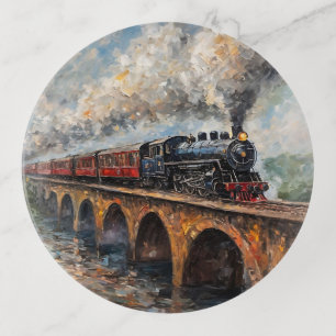Steam Train on a Bridge - Oil Painting Trinket Tray
