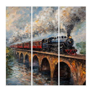 Steam Train on a Bridge - Oil Painting Triptych
