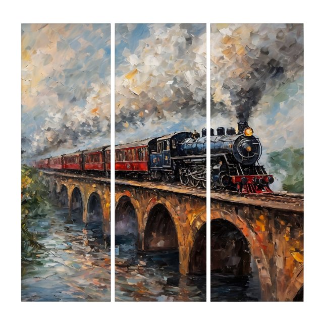 Steam Train on a Bridge - Oil Painting Triptych (Front)